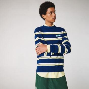 Lacoste LIVE Striped Cotton Crew Neck Sweater Pánské - Svetr Blankyt / Bílé | CZ-yr6bsh